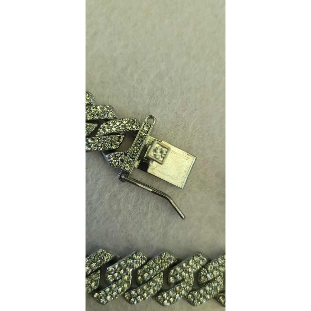 Vintage Rhinestone Curb Chain Choker Necklace Silver Tone 14in Statement Flaw - Picture 4 of 11